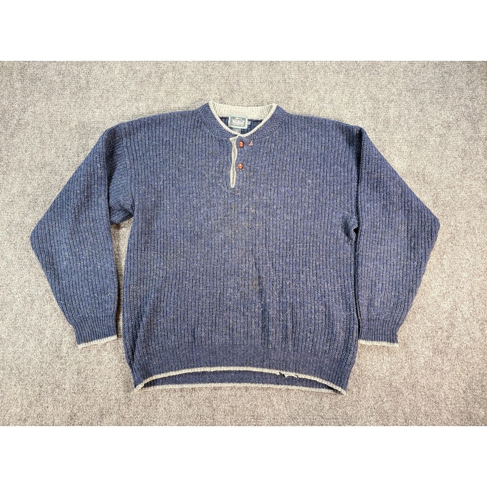 Vintage Woolrich Sweater Mens Large‎ Blue Wool Henley Pullover Rib Knit Buttons